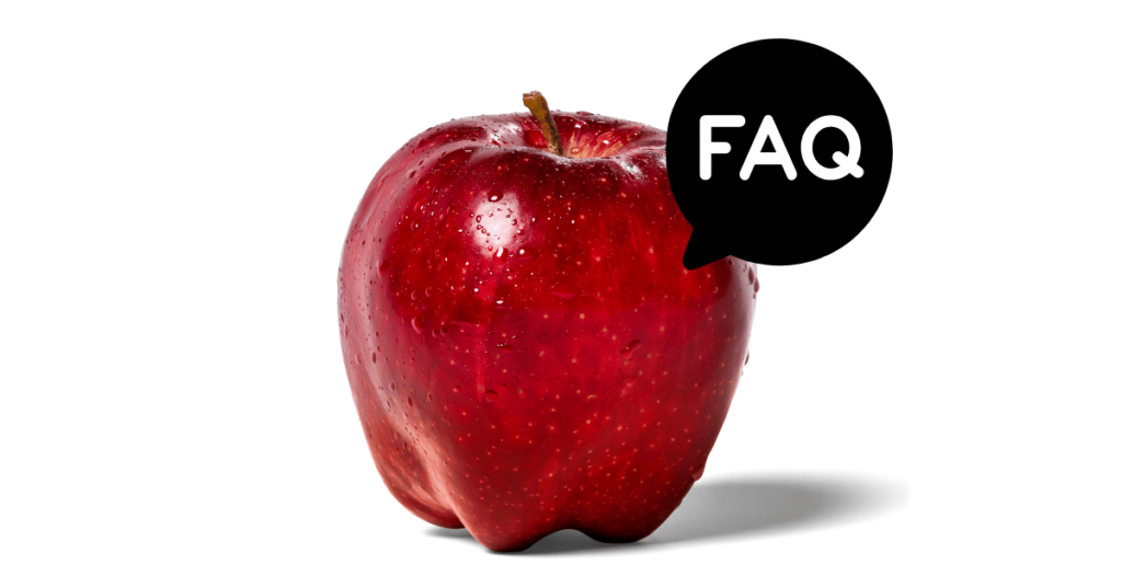 A pic of fresh apples next to a black banner for apples nutrition FAQs.