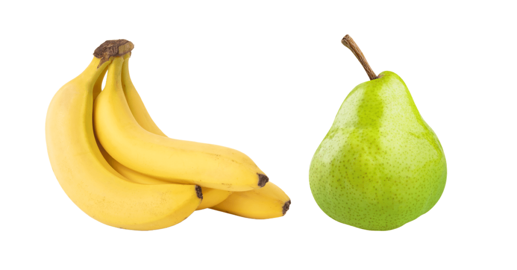 Studio photos of the most common apple substitutes and apple alternatives, banana and pear.