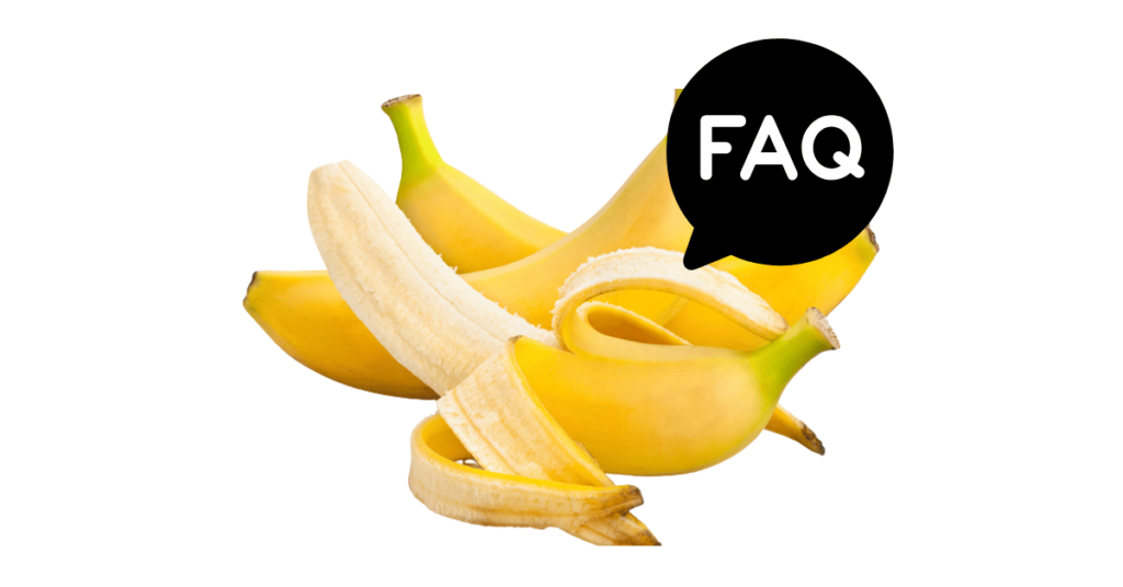 A pic of fresh bananas next to a black banner for bananas nutrition FAQs.