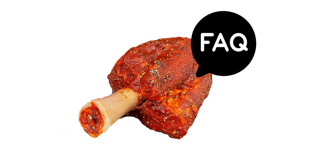 A pic of fresh beef shank next to a black banner for beef shank nutrition FAQs.