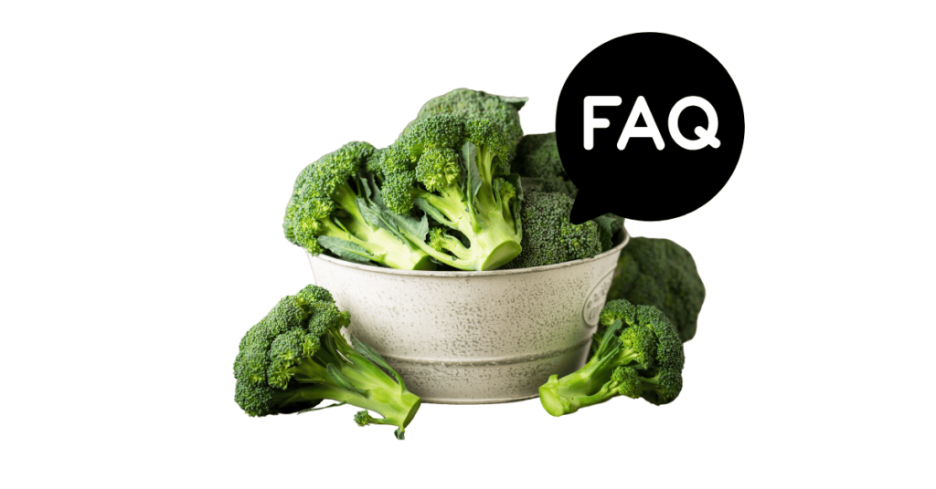 A pic of fresh broccoli next to a black banner for broccoli nutrition FAQs.