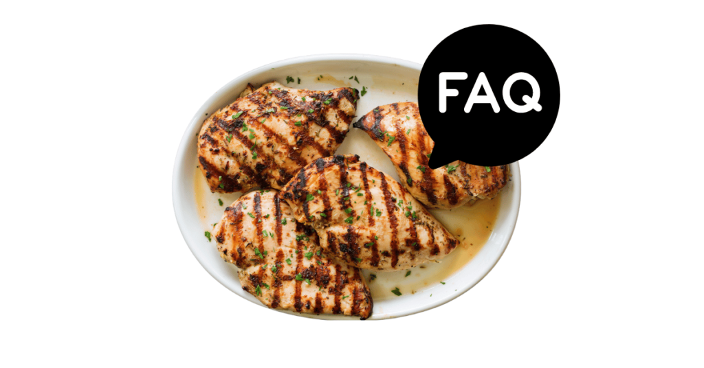 A pic of fresh chicken breast next to a black banner for chicken breast nutrition FAQs.