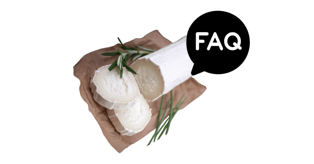 A pic of fresh goat cheese next to a black banner for goat cheese nutrition FAQs.