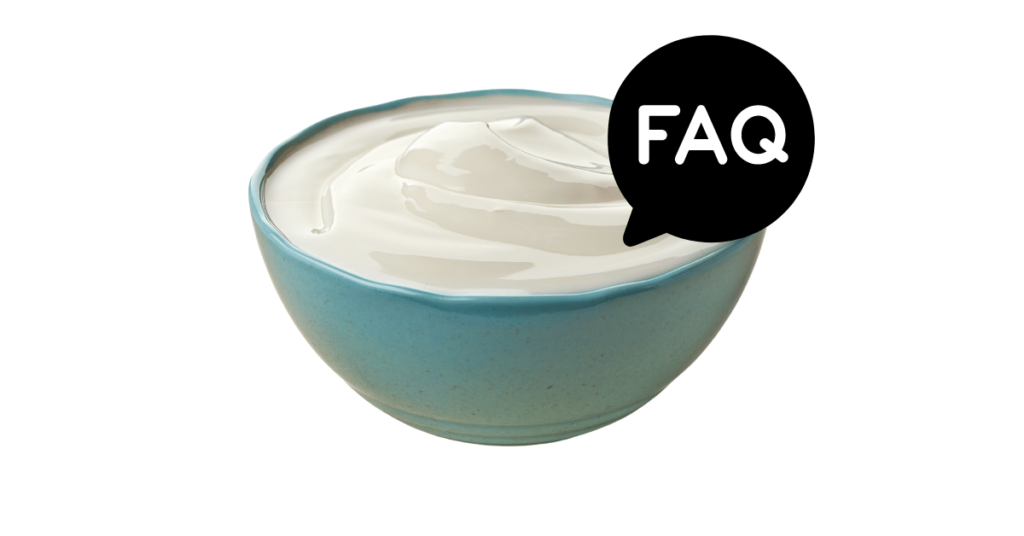 A pic of fresh greek yogurt next to a black banner for greek yogurt nutrition FAQs.