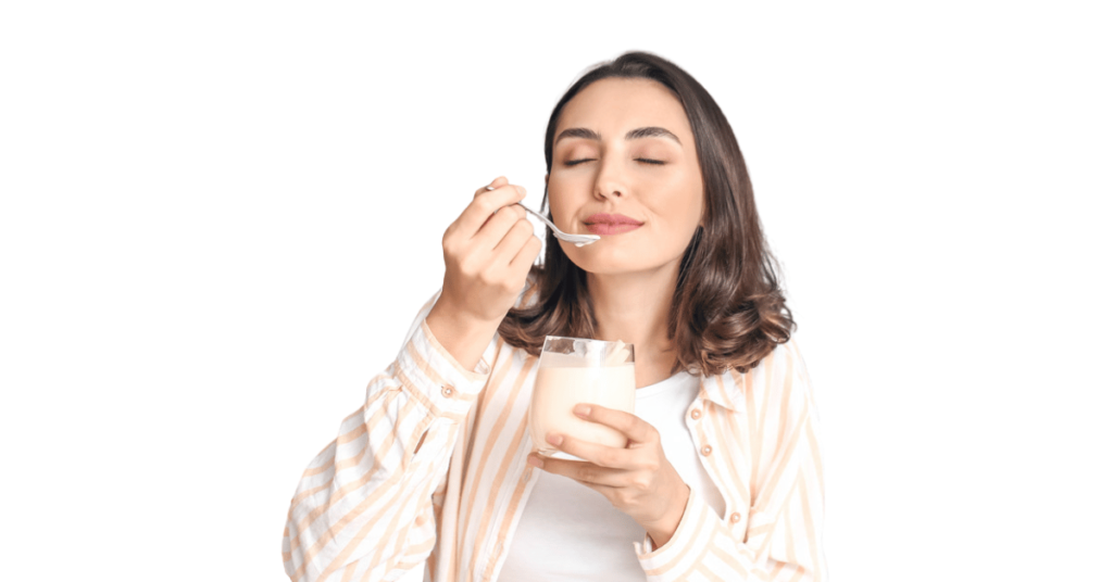 A person eating greek yogurt for weight loss.