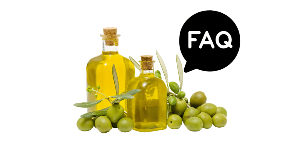 A pic of fresh olive oil next to a black banner for olive oil nutrition FAQs.
