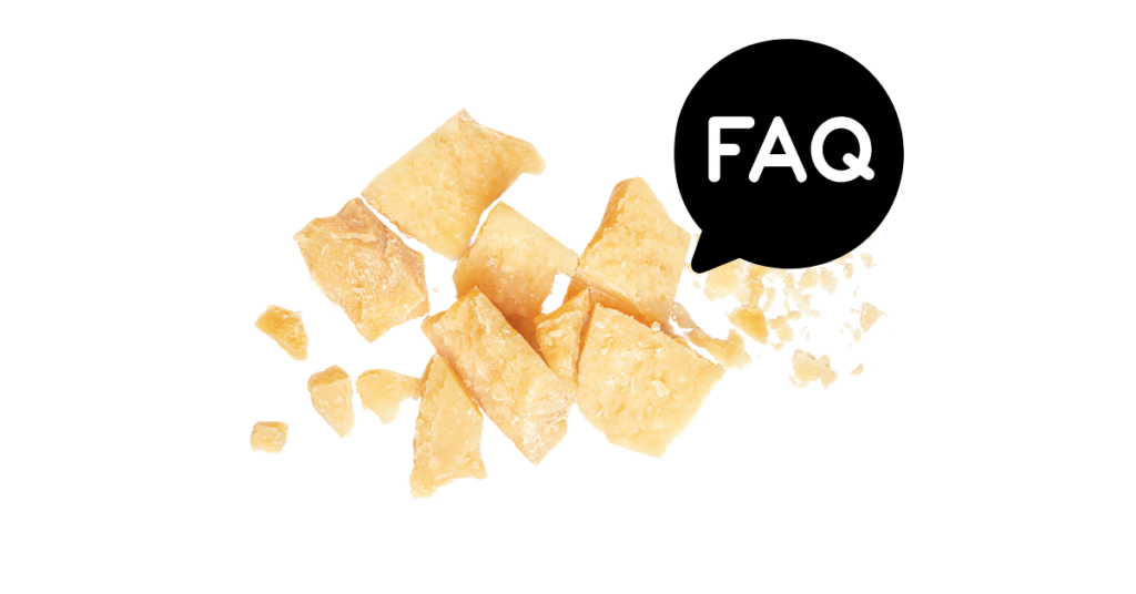 A pic of fresh parmesan cheese next to a black banner for parmesan cheese nutrition FAQs.