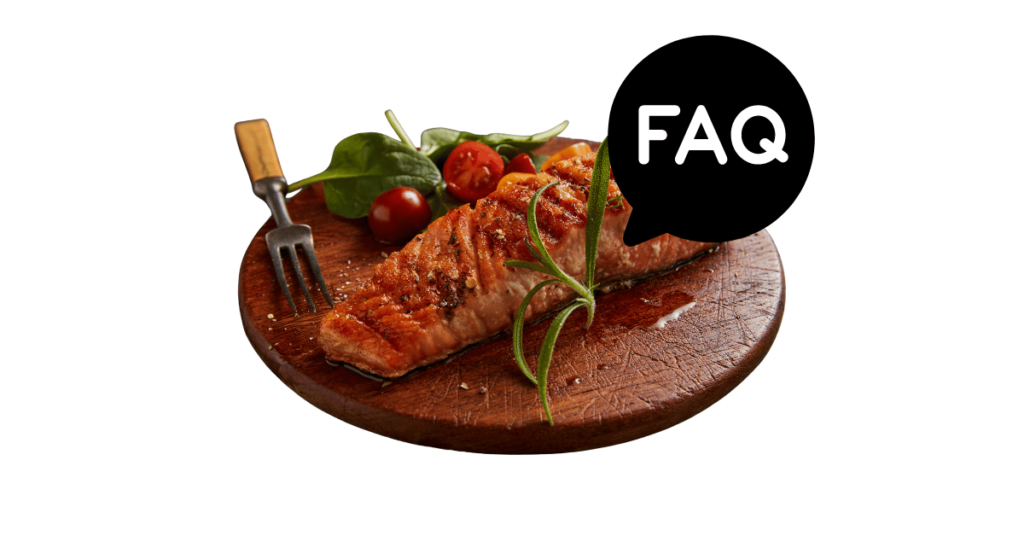 A pic of fresh salmon next to a black banner for salmon nutrition FAQs.