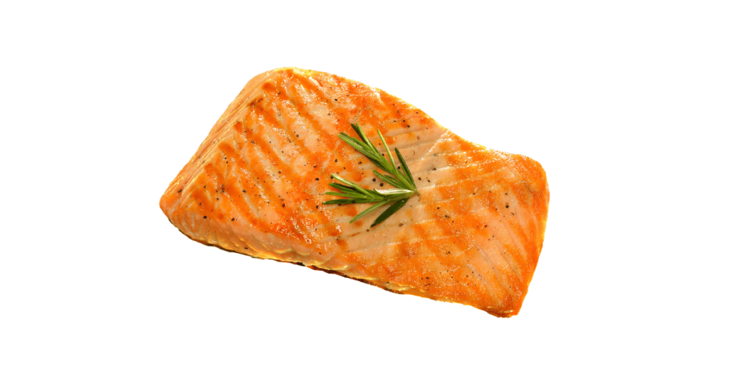 A close-up picture of salmon related to salmon nutrition facts, in white background.