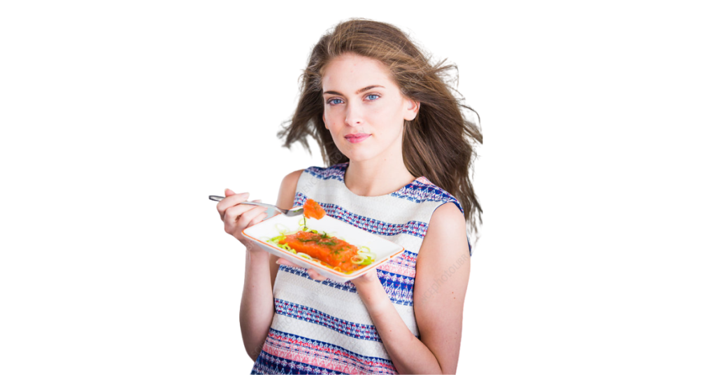 A person eating salmon for weight loss.