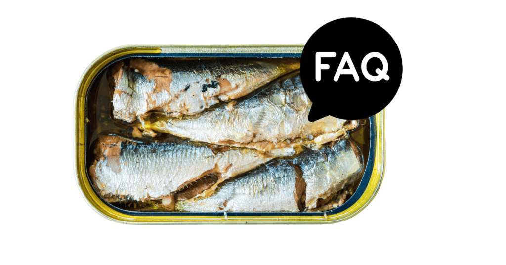 A pic of fresh sardines next to a black banner for sardines nutrition FAQs.