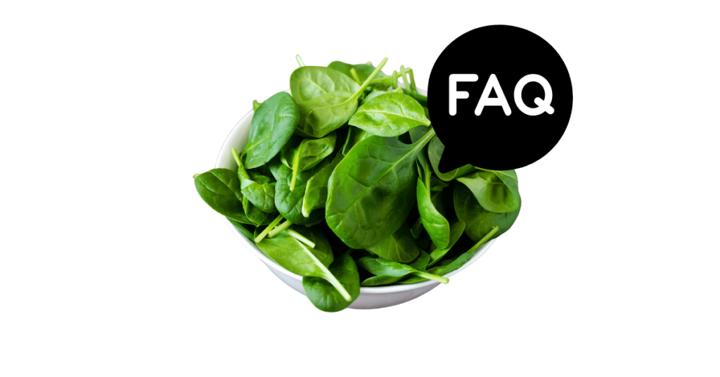 A pic of fresh spinach next to a black banner for spinach nutrition FAQs.