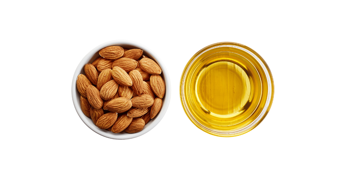 A close-up picture of almond oil related to almond oil nutrition facts, in white background.