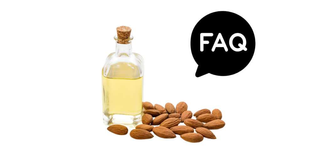 A pic of fresh almond oil next to a black banner for almond oil nutrition FAQs.