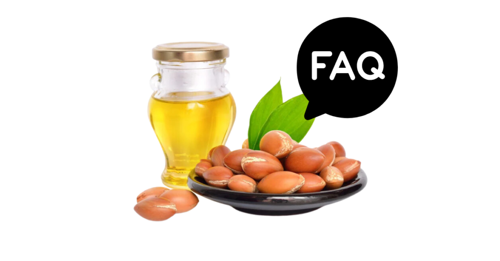 A pic of fresh argan oil next to a black banner for argan oil nutrition FAQs.