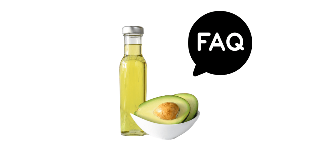 A pic of fresh avocado oil next to a black banner for avocado oil nutrition FAQs.