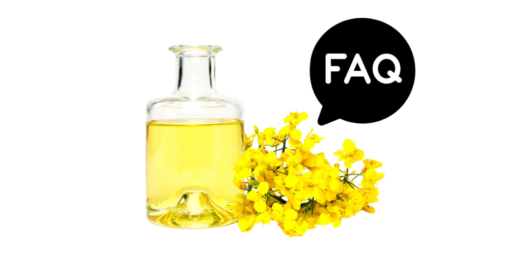 A pic of fresh canola oil next to a black banner for canola oil nutrition FAQs.