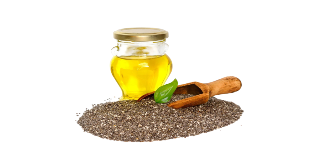 A close-up picture of chia seed oil related to chia seed oil nutrition facts, in white background.