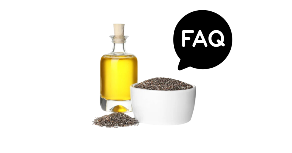 A pic of fresh chia seed oil next to a black banner for chia seed oil nutrition FAQs.