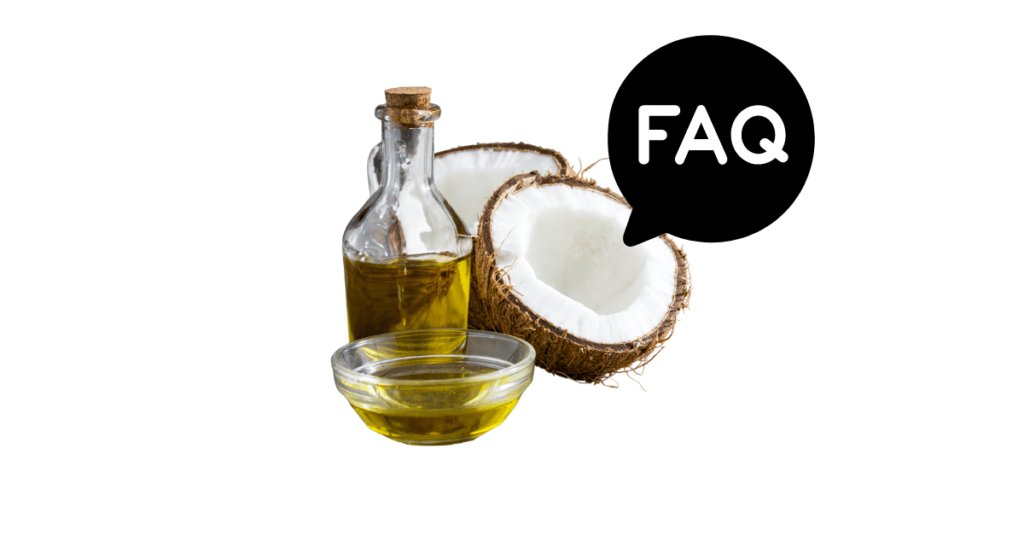 A pic of fresh coconut oil next to a black banner for coconut oil nutrition FAQs.