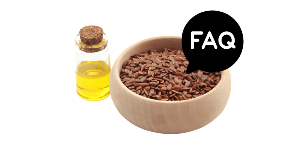 A pic of fresh flaxseed oil next to a black banner for flaxseed oil nutrition FAQs.