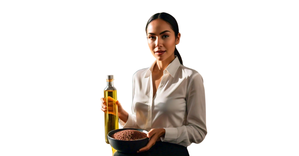 A person eating flaxseed oil for weight loss.