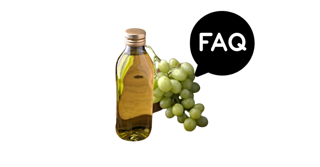 A pic of fresh grapeseed oil next to a black banner for grapeseed oil nutrition FAQs.