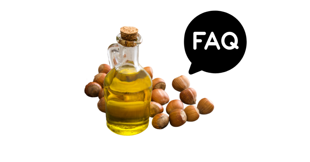 A pic of fresh hazelnut oil next to a black banner for hazelnut oil nutrition FAQs.