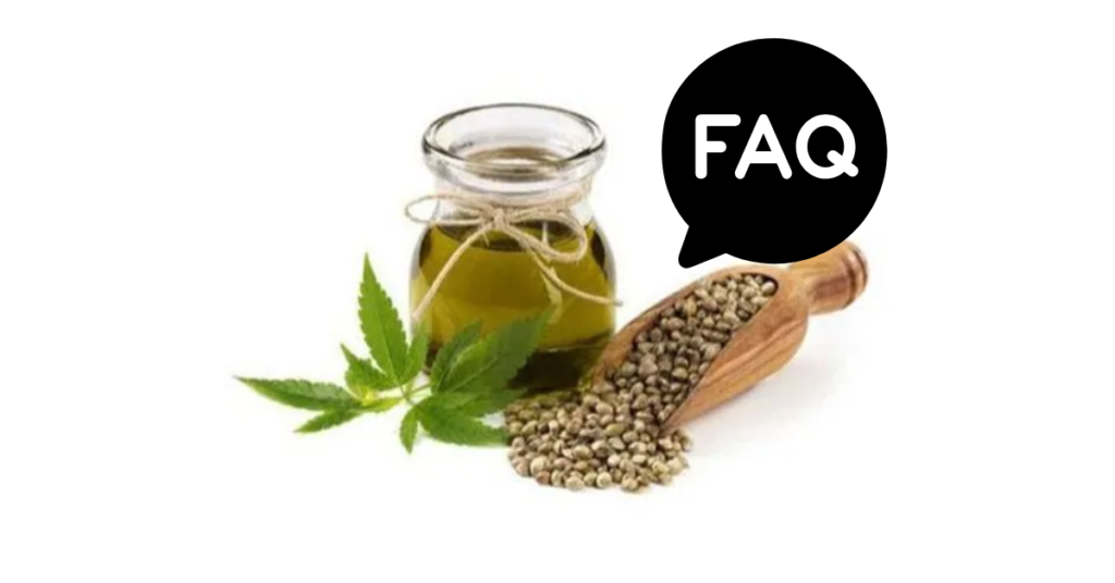 A pic of fresh hemp seed oil next to a black banner for hemp seed oil nutrition FAQs.