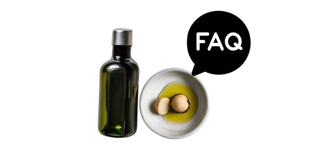 A pic of fresh macadamia nut oil next to a black banner for macadamia nut oil nutrition FAQs.