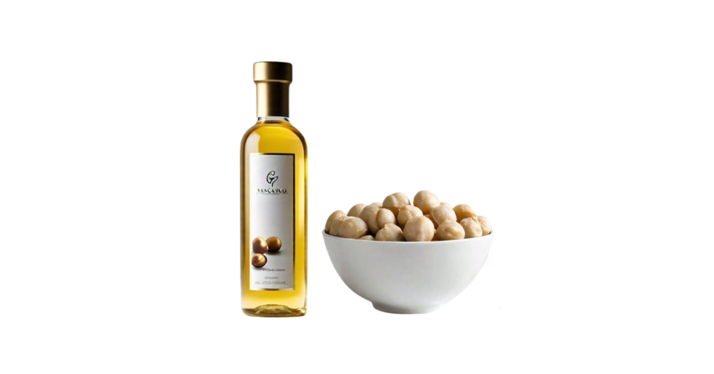 A close-up picture of macadamia nut oil related to macadamia nut oil nutrition facts, in white background.