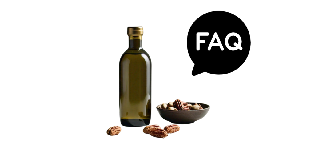 A pic of fresh pecan oil next to a black banner for pecan oil nutrition FAQs.