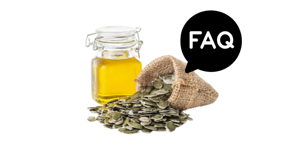 A pic of fresh pumpkin seed oil next to a black banner for pumpkin seed oil nutrition FAQs.