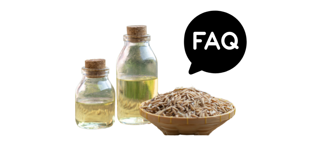 A pic of fresh rice bran oil next to a black banner for rice bran oil nutrition FAQs.