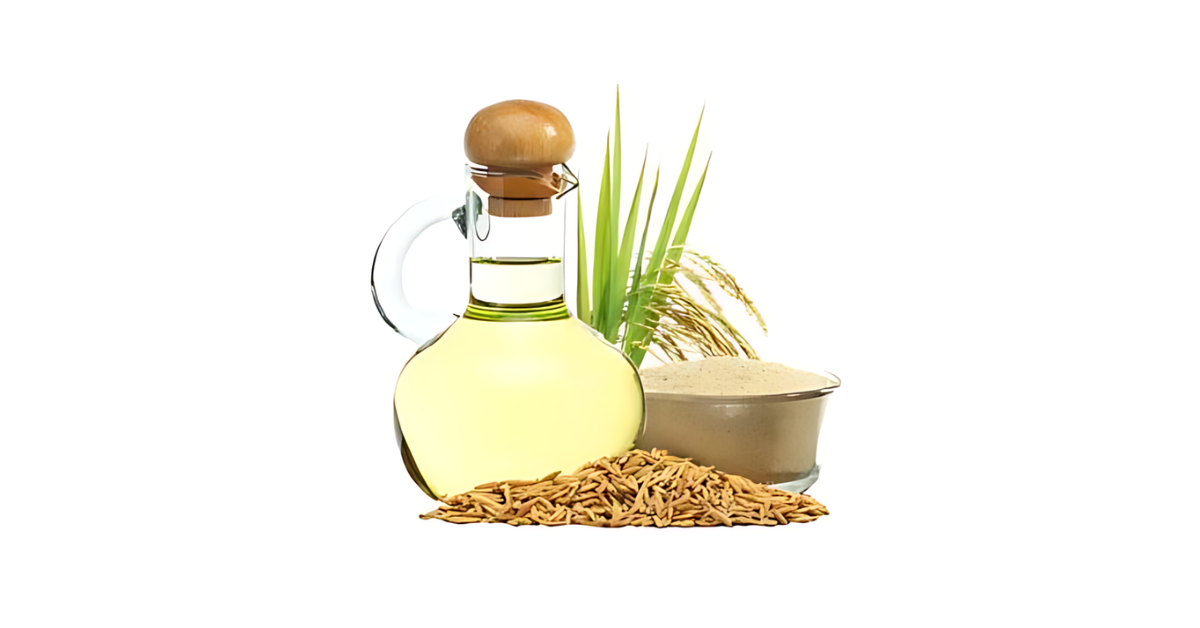 A close-up picture of rice bran oil related to rice bran oil nutrition facts, in white background.