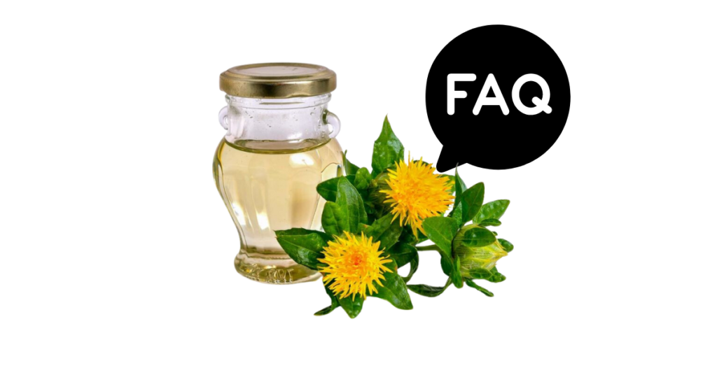 A pic of fresh safflower oil next to a black banner for safflower oil nutrition FAQs.