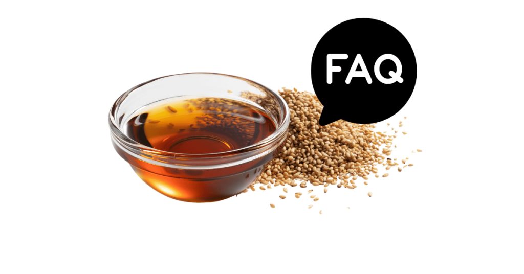 A pic of fresh sesame oil next to a black banner for sesame oil nutrition FAQs.