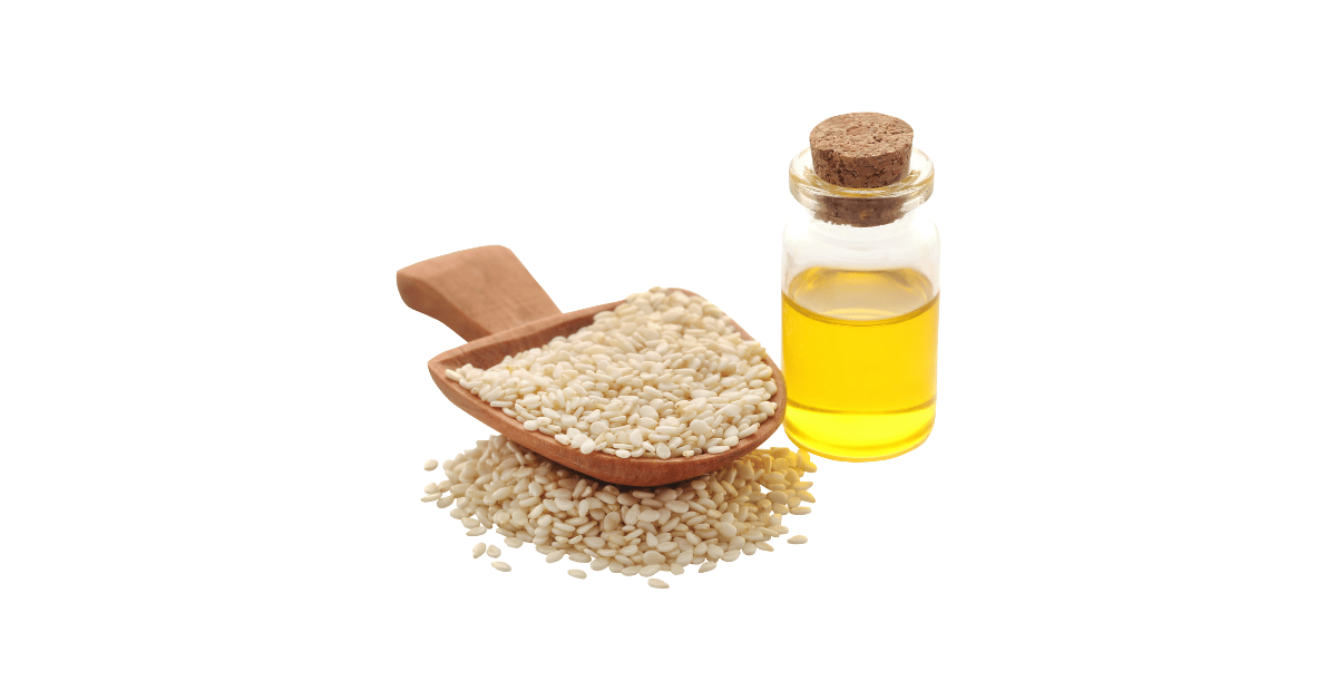 A close-up picture of sesame oil related to sesame oil nutrition facts, in white background.