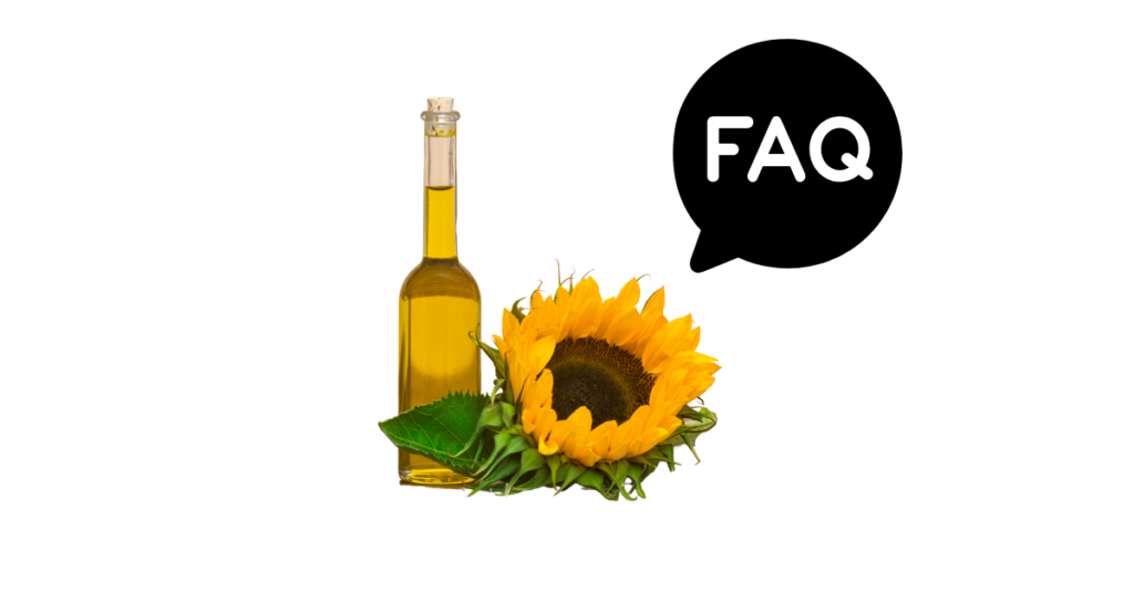 A pic of fresh sunflower oil next to a black banner for sunflower oil nutrition FAQs.