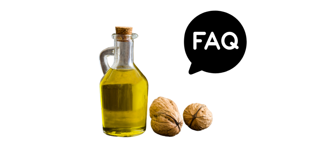 A pic of fresh walnut oil next to a black banner for walnut oil nutrition FAQs.