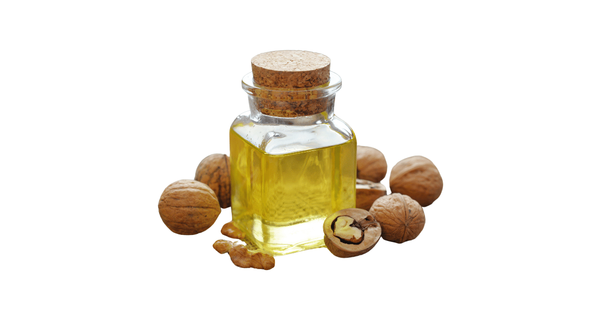 A close-up picture of walnut oil related to walnut oil nutrition facts, in white background.