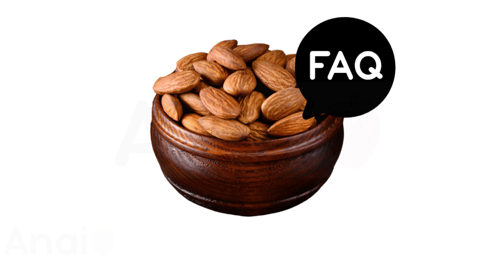 A pic of fresh almonds next to a black banner for almonds nutrition FAQs.