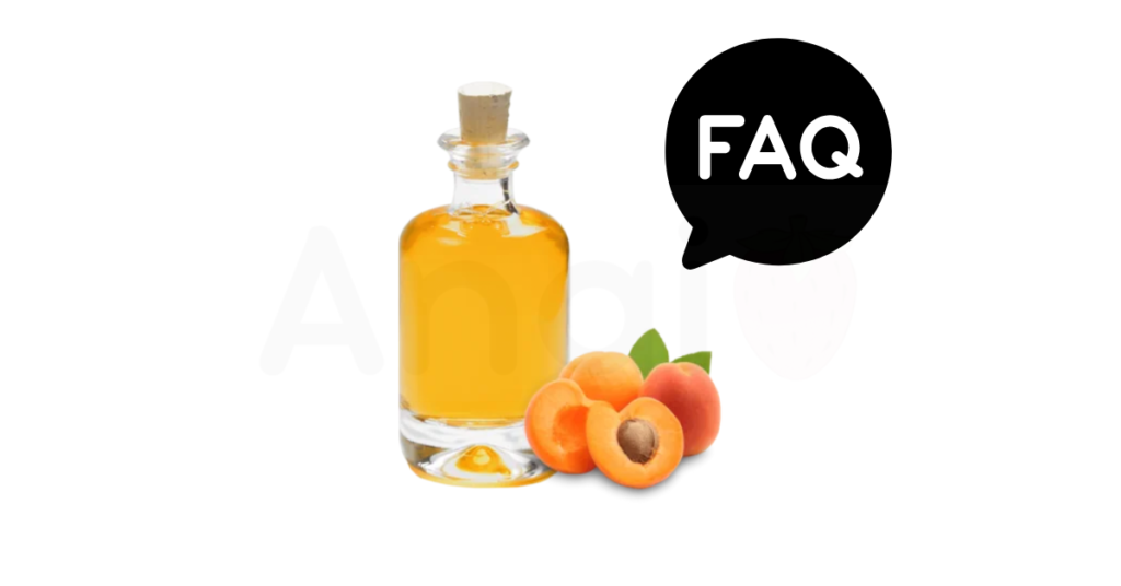 A pic of fresh apricot kernel oil next to a black banner for apricot kernel oil nutrition FAQs.