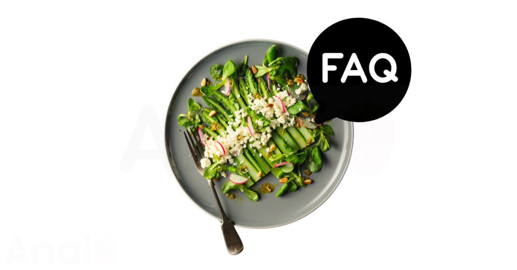 A pic of fresh asparagus next to a black banner for asparagus nutrition FAQs.