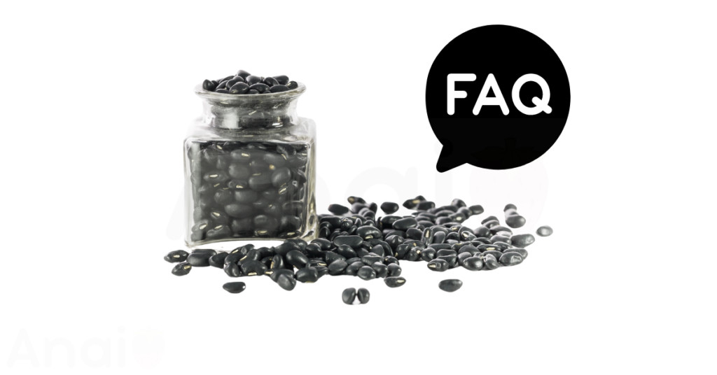 A pic of fresh black beans next to a black banner for black beans nutrition FAQs.