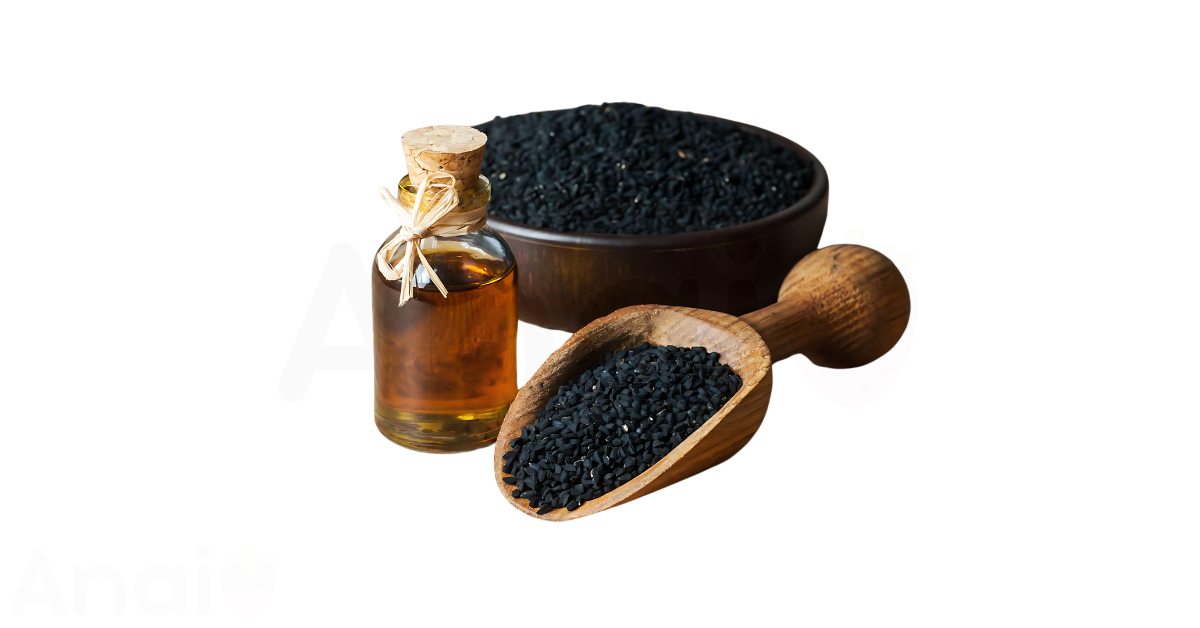 A close-up picture of black cumin seed oil related to black cumin seed oil nutrition facts, in white background.