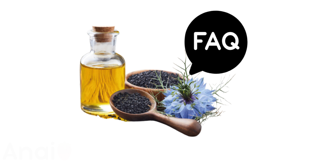 A pic of fresh black cumin seed oil next to a black banner for black cumin seed oil nutrition FAQs.