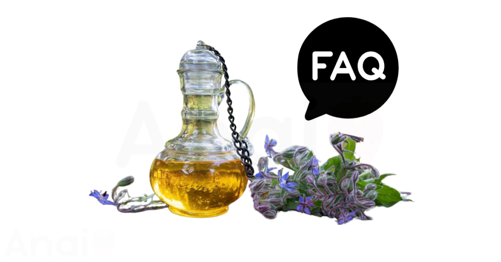 A pic of fresh borage seed oil next to a black banner for borage seed oil nutrition FAQs.