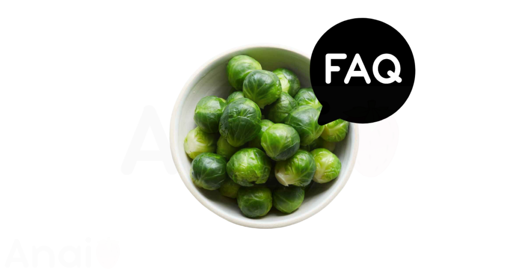 A pic of fresh brussels sprouts next to a black banner for brussels sprouts nutrition FAQs.