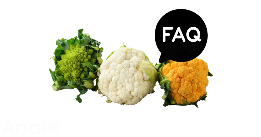 A pic of fresh cauliflower next to a black banner for cauliflower nutrition FAQs.